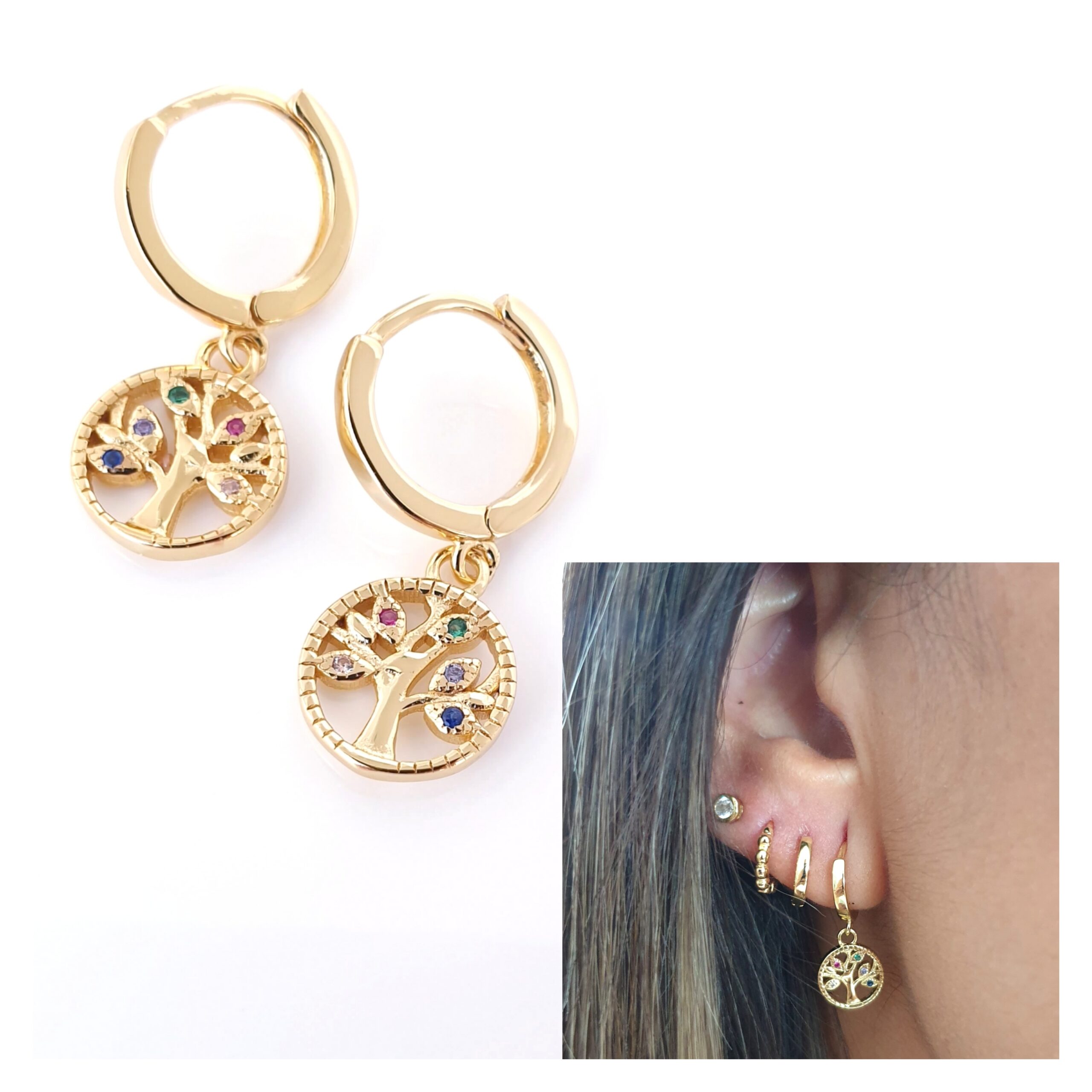 Pendientes De Árbol De La Vida - Plata De Ley Chapada En Oro, Diseño Simple Y Elegante Para Mujer